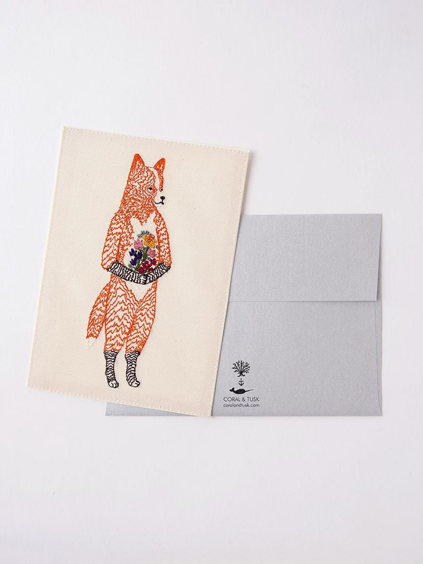 刺繍カード Fox with Flowers